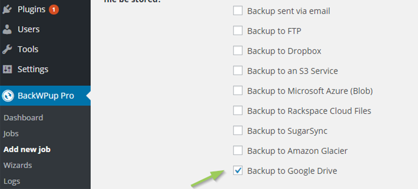 BackWPup → Add new job → General, section Job Destination