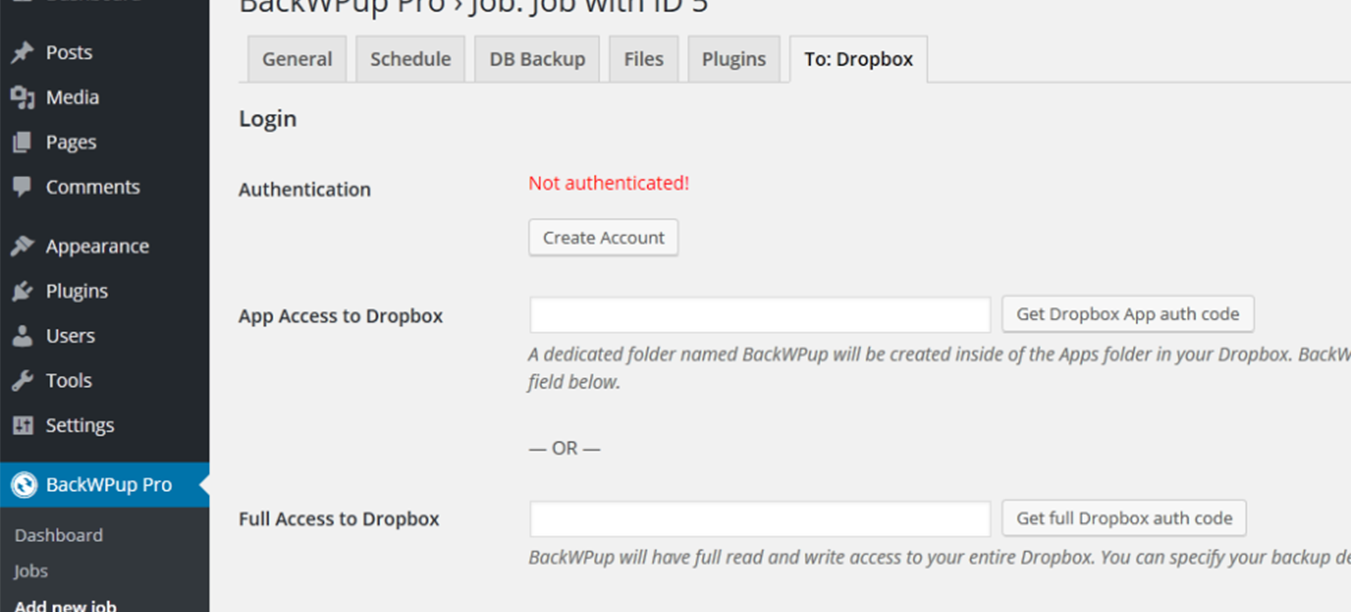 Configure the settings for Dropbox