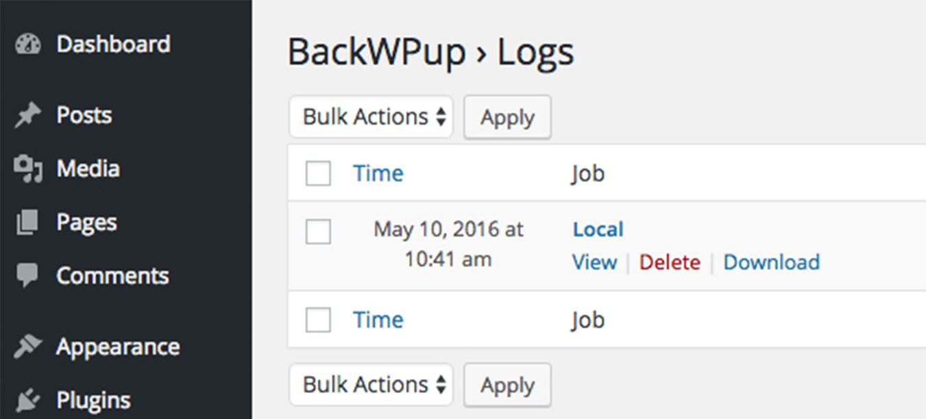 Download the log file under BackWPup Logs