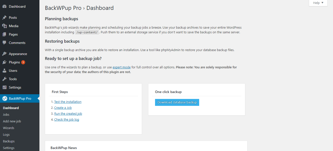 Click on the big blue button Download database backup under One click backup