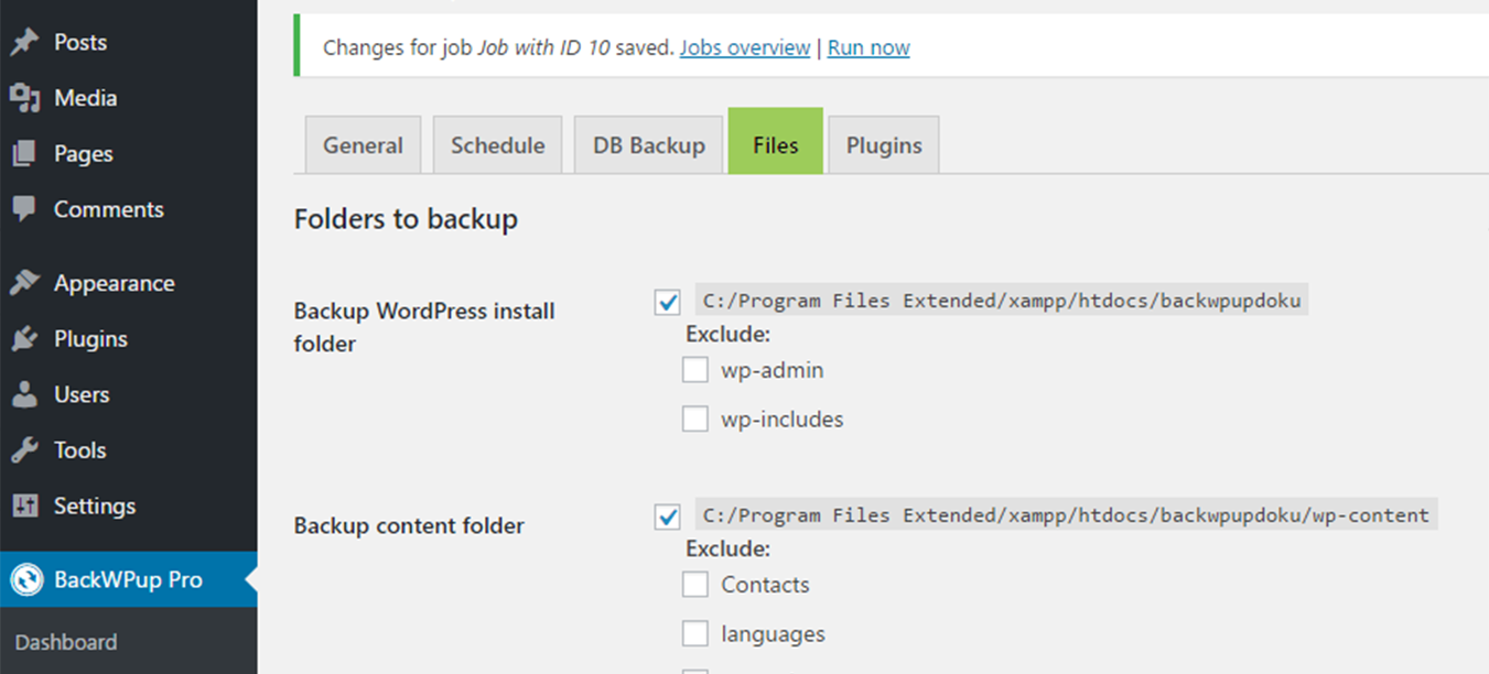 The tab “Files” will only be visible if you have previously indicated a backup of the files in the tab “General”.