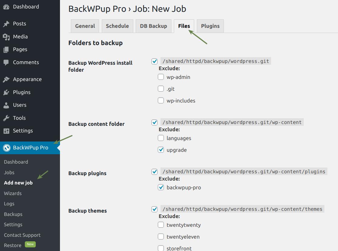 Excluding files and folders settings page