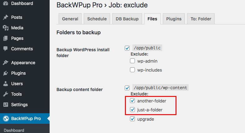Folders added in the in Backup content folder exclude list
